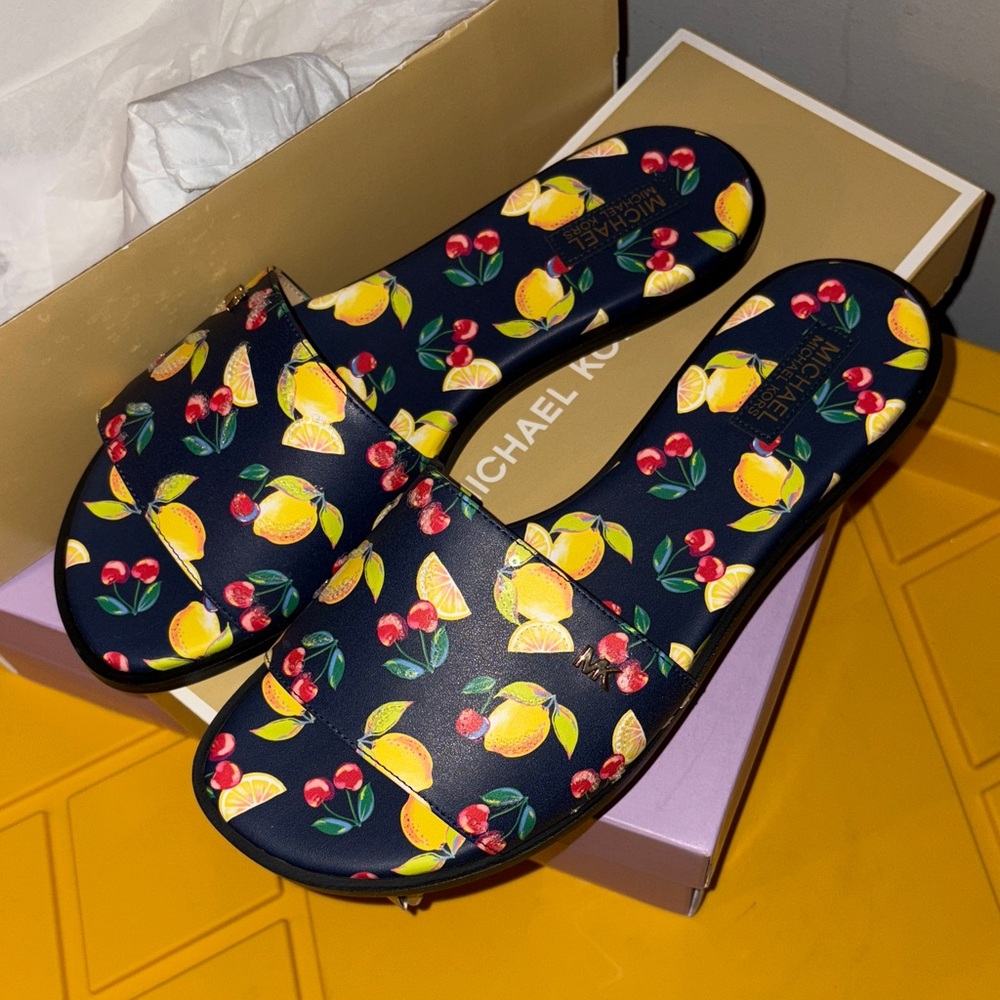 Michael Kors Navy Sandals with Lemon and Cherry Print